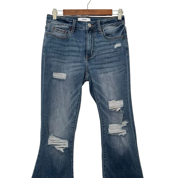 Ceros High Rise Flare Wide Leg Distressed Jeans Boho Festival Raw Hem Size 28 - Picture 3 of 7